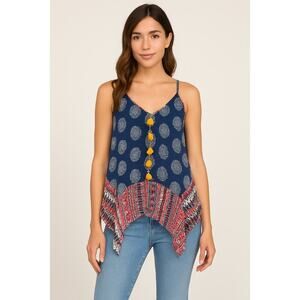 THML Navy Boho Tank Top with Yellow Tassels Handkerchief Hem M